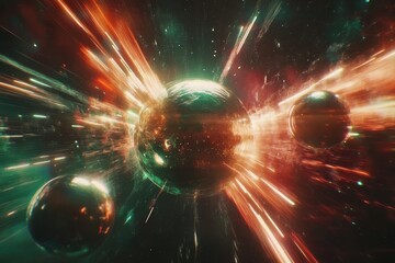 Poster - Explore distant galaxies with vibrant light flares and rotating spheres in a cosmic journey, Space travel with flare of light and rotating sphere motion background