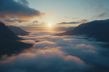 Poster - Hyper lapse capture of swirling clouds at sunrise over mountainous terrain, Aerial hyper lapse of of the clouds flowing through a mountain pass in Norway