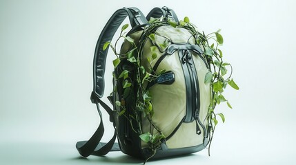 Poster - A backpack covered with vibrant green plants stands alone