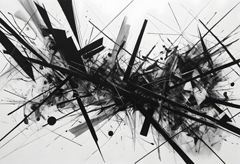 Poster - Energetic Strokes, A Complex Abstract Design With Dynamic Black Lines On White. A Visually Striking Composition That Evokes Movement And Raw Artistic Energy. Visual Chaos.