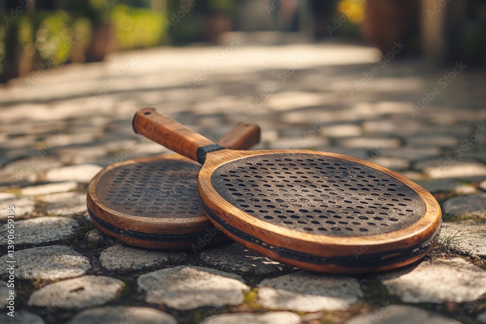 Two wooden paddles with perforated surfaces rest on a cobblestone path, surrounded by greenery in a sunny garden. The scene captures a tranquil outdoor atmosphere with warm tones.