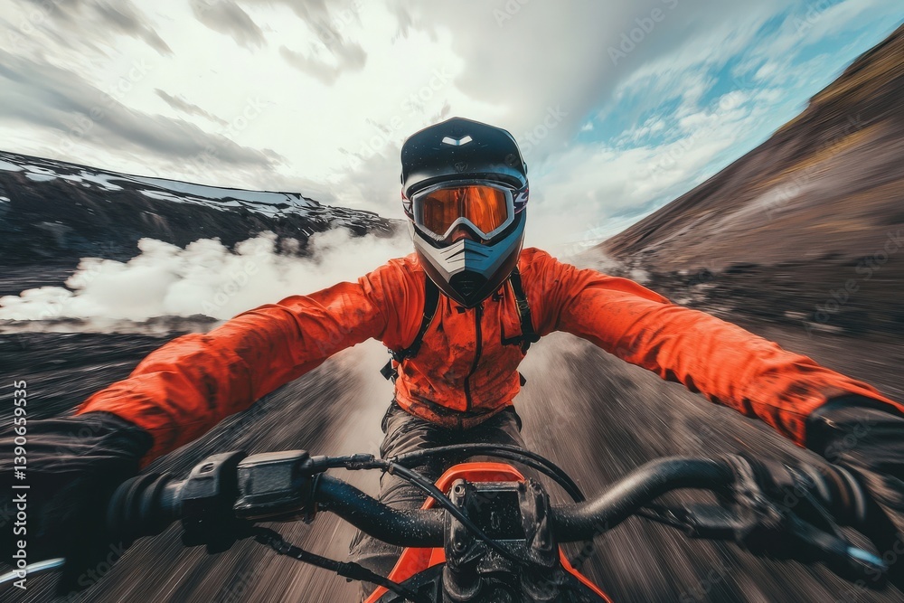 A rider wearing protective gear zooms across a volcanic landscape. Billowing steam and rugged rock formations create a dramatic backdrop against a moody sky.