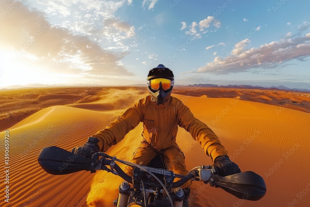 A rider clad in an orange jumpsuit navigates a motorcycle over vast, undulating sand dunes during sunset. The sky is filled with clouds and warm hues, showcasing a serene desert atmosphere.