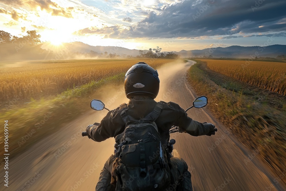 A motorcyclist navigates a winding road as the sun sets. Dust rises from the tires, creating a hazy atmosphere. Lush fields border the path, enhancing the tranquil beauty of the scene.