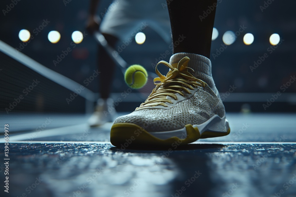 A tennis player stands in a focused stance, ready to hit a yellow ball. The scene is set in a dimly lit arena with bright lights shining in the background, emphasizing the players concentration.