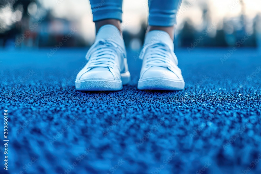 A person stands on a striking blue athletic track, wearing white sneakers. The vibrant color contrasts with the soft lighting of sunset, creating a serene and energetic atmosphere.