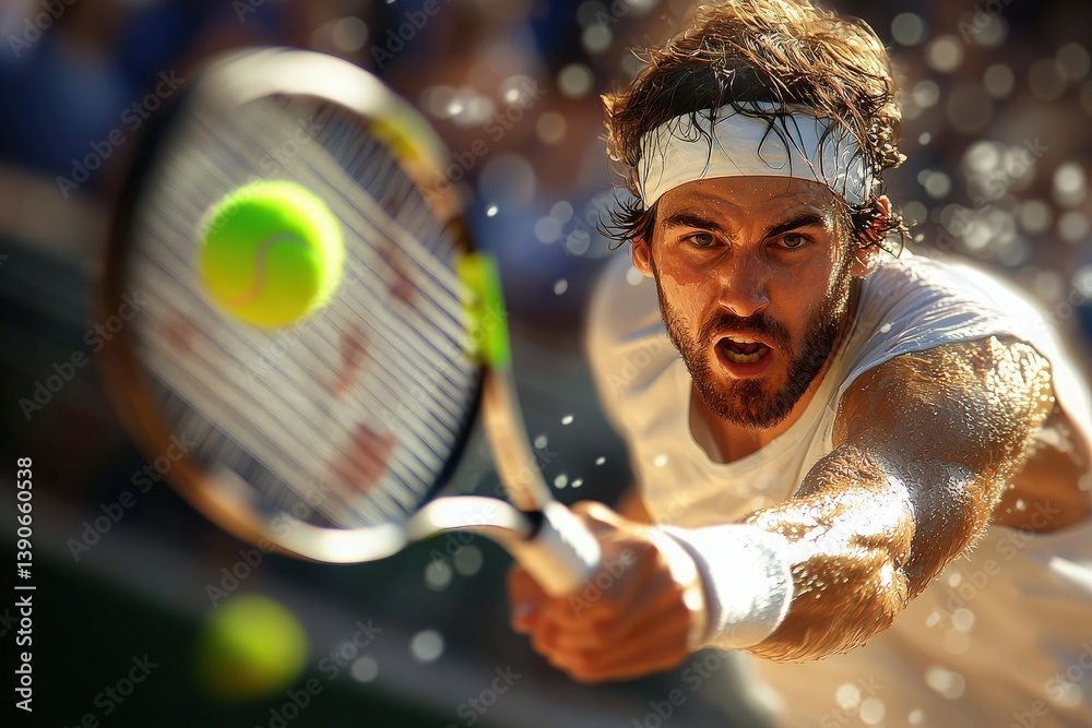 A focused athlete in a white shirt and headband lunges toward a tennis ball during a match on a sunlit court. The energy of the crowd enhances the exhilarating atmosphere of the game.