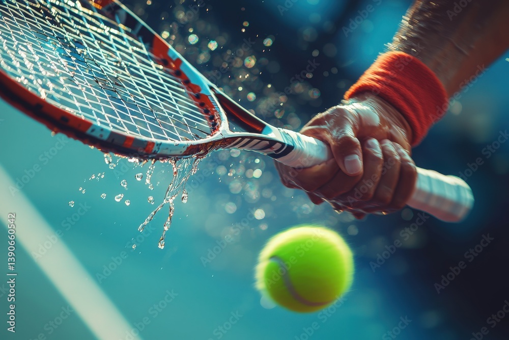 A player swings a racket at a bright green tennis ball, causing water droplets to scatter. This dynamic moment takes place on a sunlit court where the action is intense.
