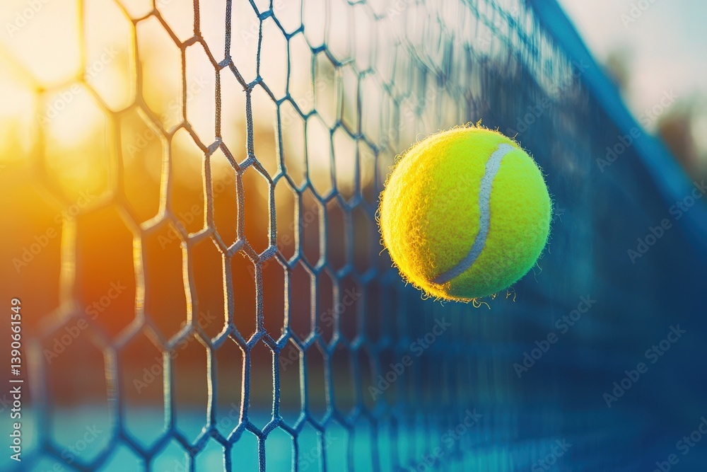 A bright yellow tennis ball hovers close to the blue net as the sun sets, casting warm light on the court. The tranquil moment captures the essence of evening play.