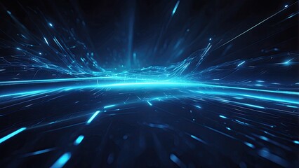 Abstract digital landscape with blue wavy lines converging towards the horizon under a dark
