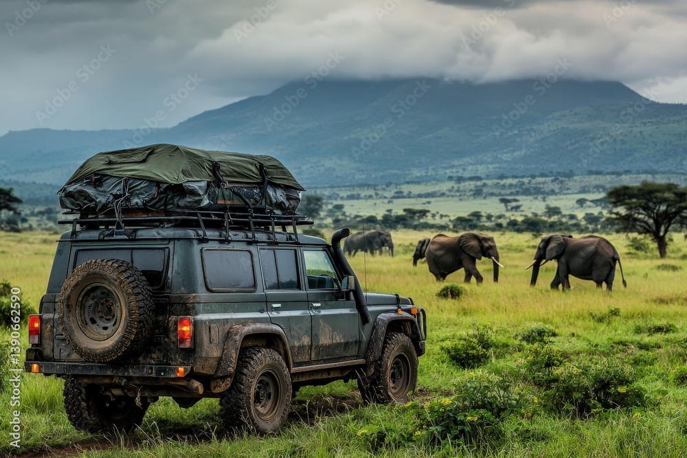 A rugged off-road vehicle sits parked in a lush, green savanna, overlooking a herd of elephants grazing peacefully. A dramatic sky looms overhead, hinting at approaching rain.