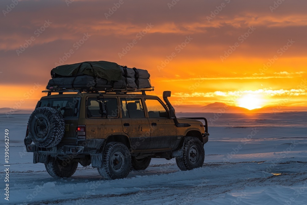 An off-road vehicle is parked on a snowy terrain, showcasing its rugged design against a vibrant sunset.