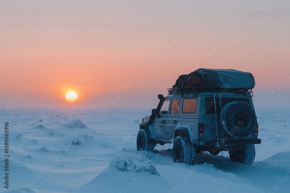 A rugged off-road vehicle parked on a snow-covered terrain as the sun sets in the background, casting a warm glow in the cold winter sky and highlighting the beauty of the frozen landscape.