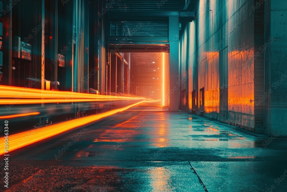 An urban corridor reflects vibrant orange and blue light amid wet pavement, capturing the dynamic streaks of passing vehicles. This nighttime view showcases the interplay of colors and shadows.
