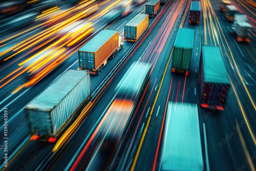 Trucks travel along a busy highway at dusk, creating a vibrant display of lights and motion. The colorful blurs of headlights and taillights illustrate the hustle of transportation.