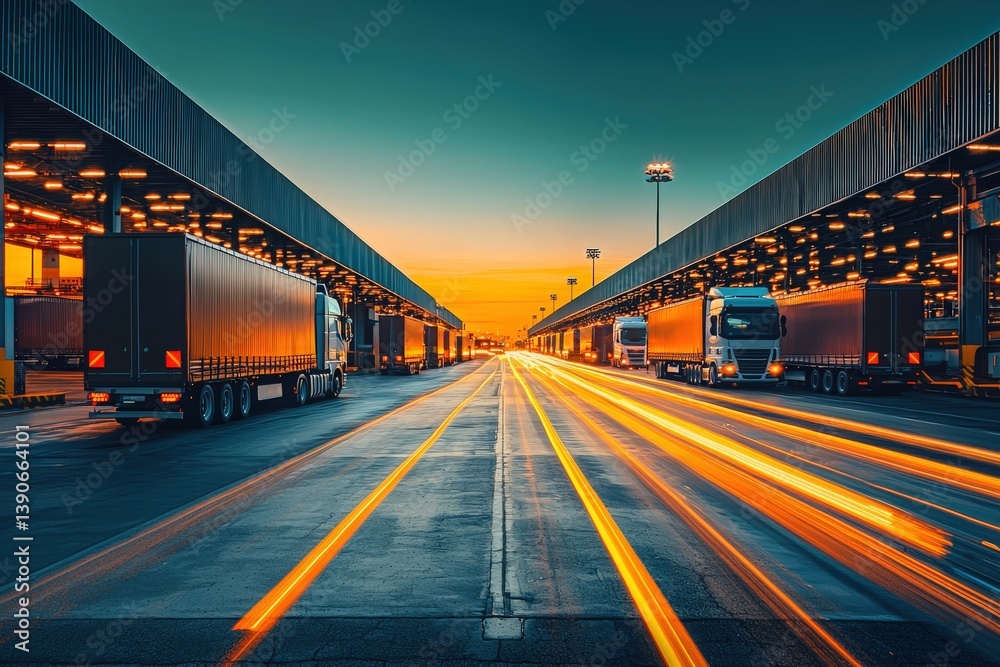 Heavy trucks are parked at a freight terminal as the sun sets, casting warm colors across the sky. The busy scene showcases transportation activity with dynamic lighting effects.