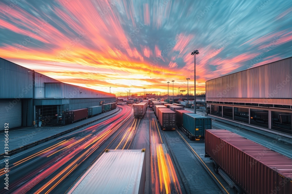 A dramatic sunset casts vibrant colors over a busy shipping yard. Trucks transport cargo while containers are stacked, showcasing the bustling activity of logistics at dusk.