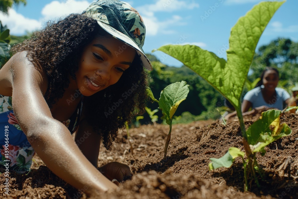 A girl with curly hair kneels in rich soil, planting young seedlings while smiling. Another person works nearby, contributing to the lush green surroundings on a sunny day.