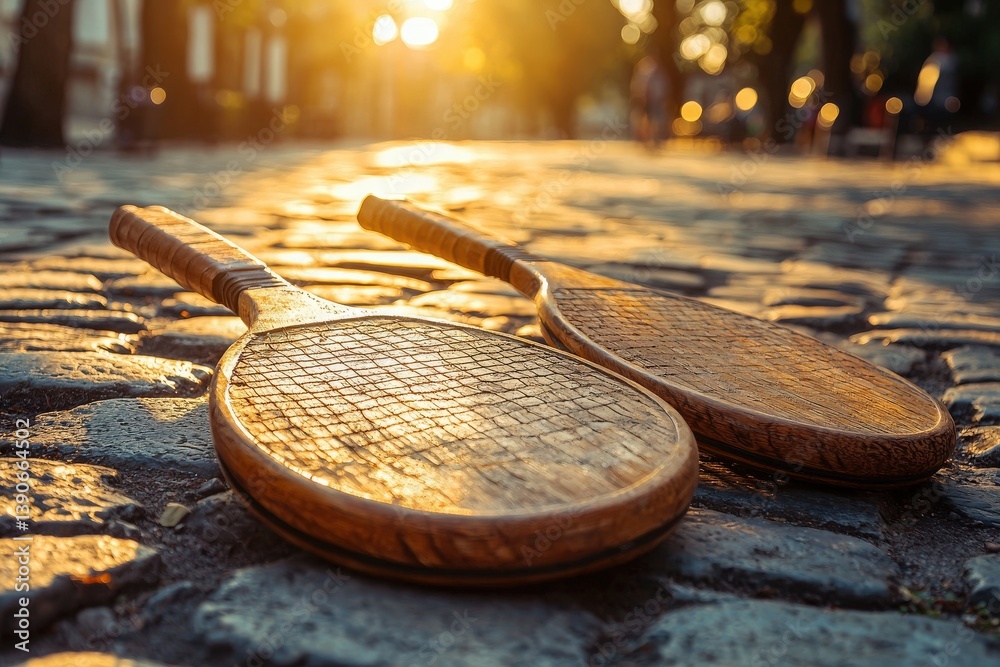 Two wooden rackets lie side by side on cobblestone pavement as the sun sets, casting a warm glow over the scene. The peaceful urban environment enhances the tranquil atmosphere.