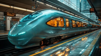 Leinwandbilder - A futuristic train awaits passengers at a bustling city station, highlighting state of the art automation and mobility solutions in modern transportation infrastructure.
