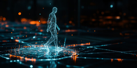 Poster - Digital Being's Journey: A person made of light strolls through a futuristic, digitally-rendered realm.