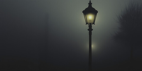 Wall Mural - solitary beacon: a vintage street lamp, its warm, inviting glow piercing through a dense, ethereal f