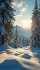 Poster - Winter Wonderland: Snow-Covered Pines Bask in the Golden Light of a Mountain Sunrise