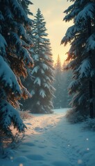 Poster - Snow-covered Pine Forest Path at Sunset: A Winter Wonderland of Serenity and Natural Beauty
