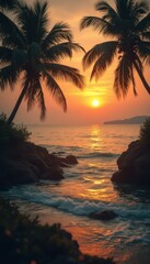 Aufkleber - Tropical Coastline at Sunset with Palm Trees and Calm Ocean Waves Reflecting Golden Sunlight