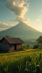 Poster - Rustic Cabin Amidst Lush Green Fields and Majestic Mountain at Sunset - Captivating Rural Scene