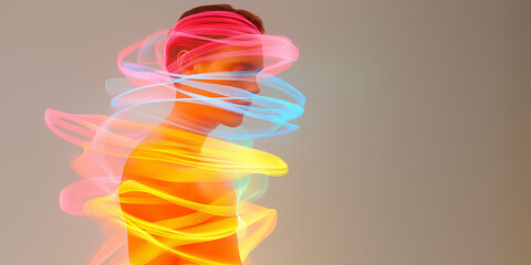 Poster - Radiant Aura: A figure's silhouette is engulfed in a vibrant, multi-colored energy, creating a surreal and captivating spectacle. The ethereal light dances and swirls around the subject.