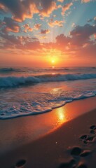 Aufkleber - Golden Sunset Waves on a Peaceful Sandy Beach with Orange Sky and Footprints
