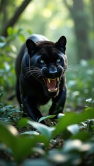 Poster - Ferocious Black Panther Snarling in Lush Forest Undergrowth: An Intense Wildlife Encounter