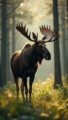 Poster - Majestic moose with grand antlers grazes in a serene forest meadow bathed in soft, filtered sunlight