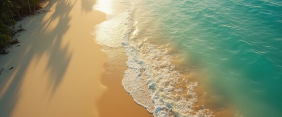 Leinwandbilder - Aerial View of Golden Beach, Gentle Waves, and Tropical Tree Shadows
