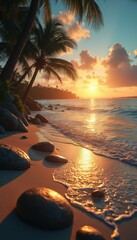 Aufkleber - Golden sunset bathes a tropical beach with palm trees and scattered rocks, creating a serene coastal scene with sunlit ocean waves.