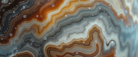 Poster - Close-up of abstract agate stone pattern featuring intricate layers of brown, gray, and white tones with glittering accents