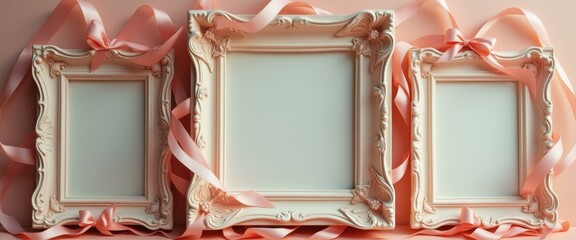 Poster - Elegant Frames with Pink Ribbon Bows on a Soft Pink Background for Mockup or Presentation