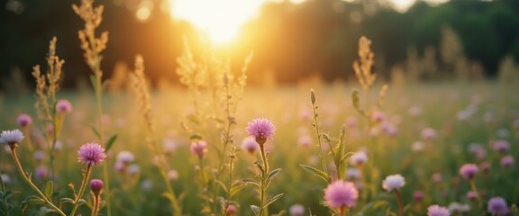 Poster - Sunlit Meadow: Pink Clover Flowers in Golden Evening Light