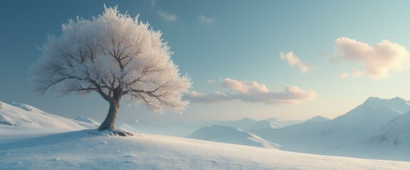 Poster - Lone Tree Embraces Winter's Serenity in a Snow-Covered Landscape with Distant Mountains and a Pastel Sky