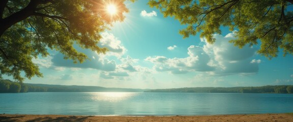 Poster - Tranquil Lake Scene with Sunlight Shining Through Lush Green Trees and Fluffy White Clouds in a Bright Blue Sky