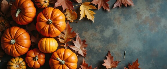 Poster - Autumn Abundance: Pumpkins and Leaves on Rustic Surface for Thanksgiving and Seasonal Decor