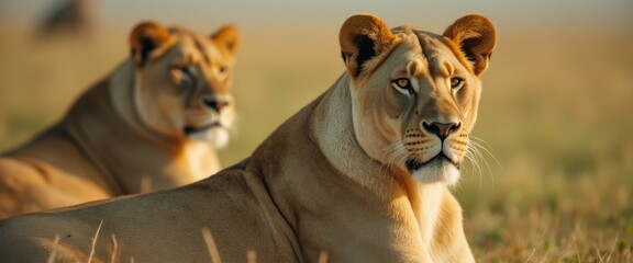 Poster - Lioness Pair Resting in Golden Light on the African Savanna - Wildlife Portrait