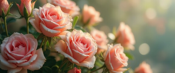 Poster - Soft Pink Roses Blooming in a Garden with Delicate Light
