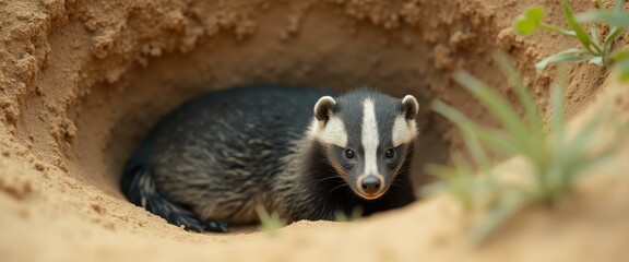 Poster - Alert honey badger cub peeks out from its burrow in a sandy environment, looking directly at the viewer with its distinctive black