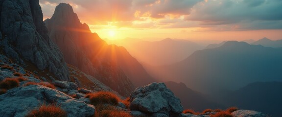 Poster - Majestic Mountains Bathed in Golden Light at Sunrise - A Stunning Vista of Peaks, Ridges, and Mist in a Dramatic Landscape
