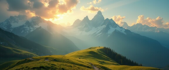 Poster - Mountain landscape with bright sunlight illuminating a grassy hillside and towering snow-capped peaks