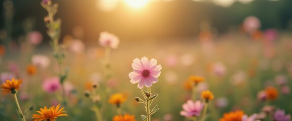 Aufkleber - Serene Cosmos Flower Field at Sunset: A Dreamy Meadow of Pink and Orange Blossoms Glowing in Golden Hour Light