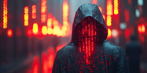 Fototapete - A figure in a hooded cloak stands in a neon-lit urban environment, emphasizing the threat of data breaches.
