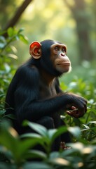 Poster - Chimpanzee sitting amidst lush foliage gazes upwards, showcasing its thoughtful expression in a vibrant jungle setting.